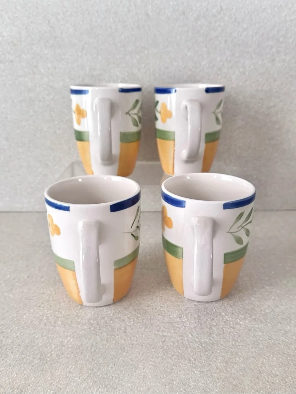 Vintage Pier 1 Hand Painted Floral Stoneware Mugs Yellow Green Blue Set of 4